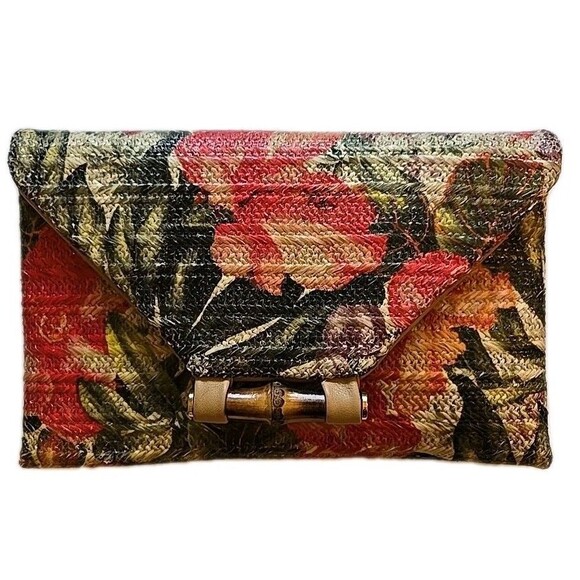 Sondra Roberts Squared Raffia Purse NEW Multicolor Floral Bamboo Clasp -oc- - Picture 1 of 16
